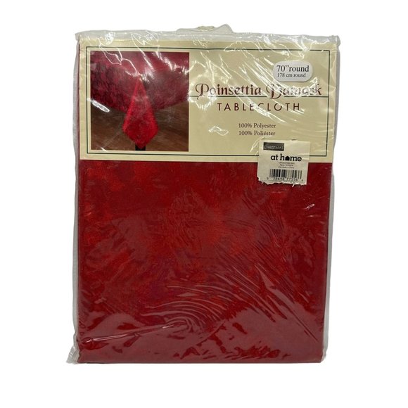 At Home Poinsettia Damask Tablecloth 70 Inch Round Red Table Linen Decor Holiday - Picture 1 of 7
